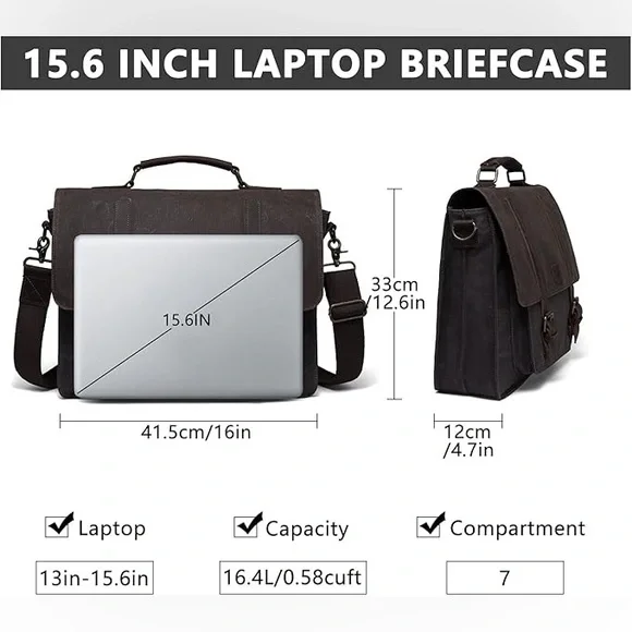 Kasqo Messenger Mens Vintage Waxed Canvas Water-Resistant Laptop Briefcase Bag - Picture 2 of 7